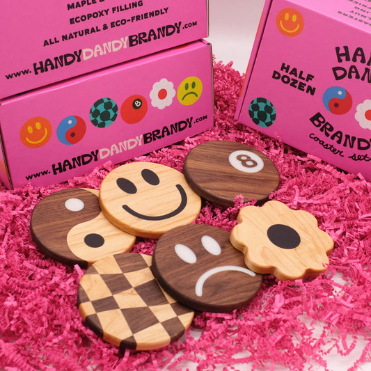 wooden coasters that look like cookies in maple and walnut