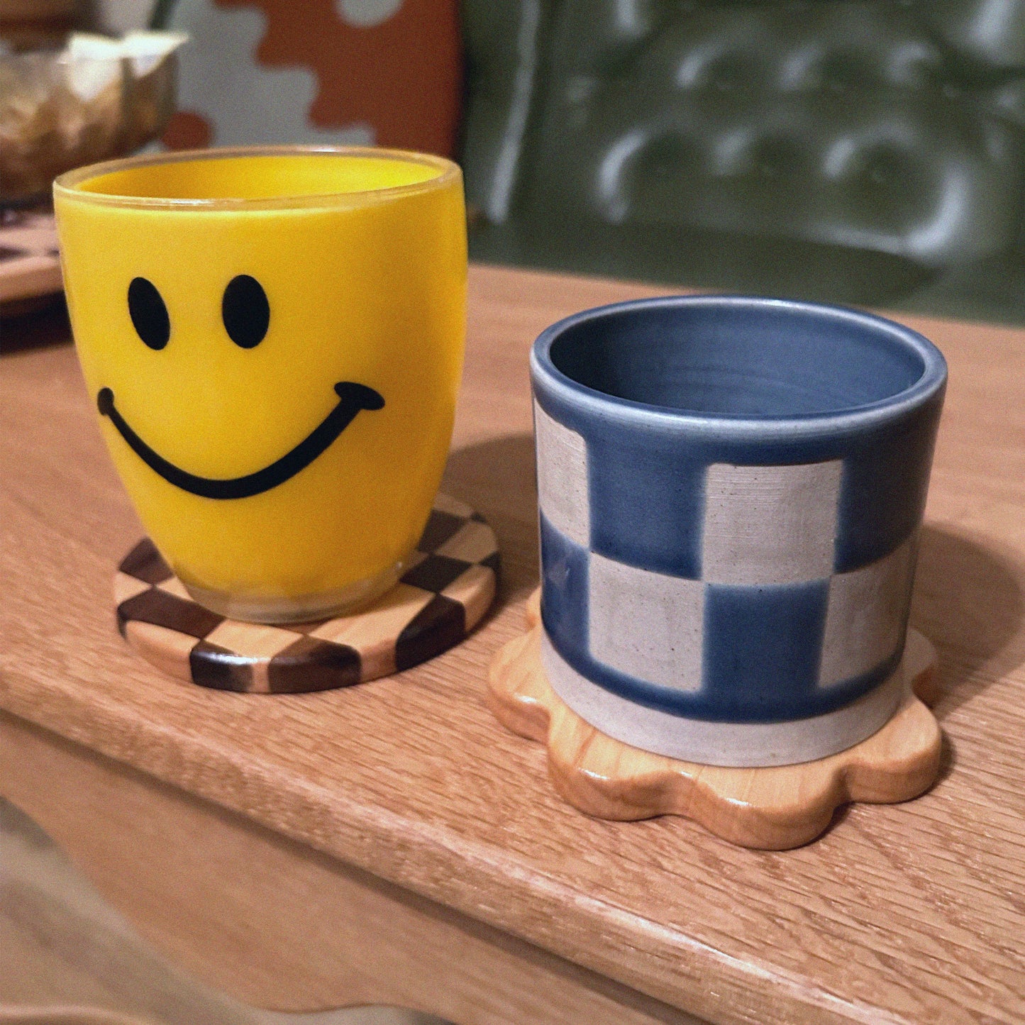 wooden coasters that look like cookies in maple and walnut