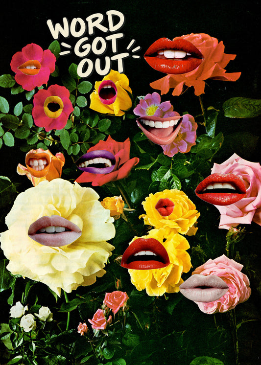 a greeting card with flowers and gossiping mouthes collage style