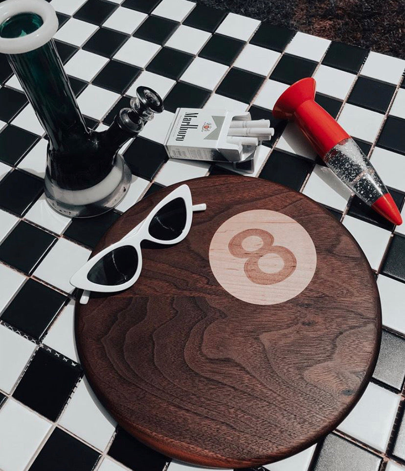 8 ball charcuterie board made of walnut