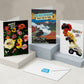 Three illustrated greeting cards and a white envelope displayed on light gray pedestals. The cards feature colorful abstract floral and landscape artwork with text including 'WORD GOT TO GO OUT,' 'The best adventures HAVE YOU IN THEM.