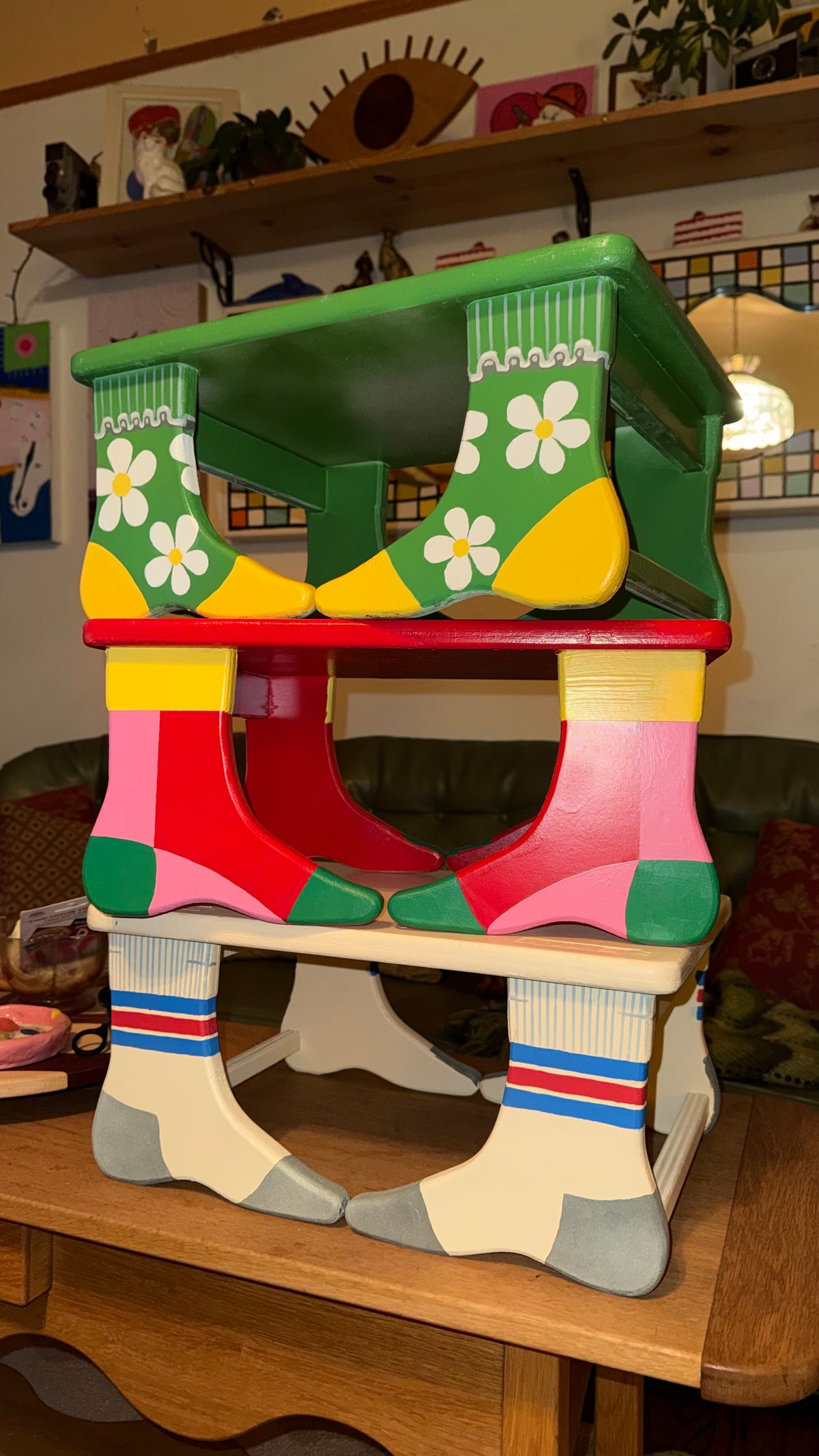 Hand- Painted Foot Stool | Color Block Socks