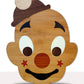 Wooden cartoon cat face wall art with warm brown, red accents and carved inlaid details