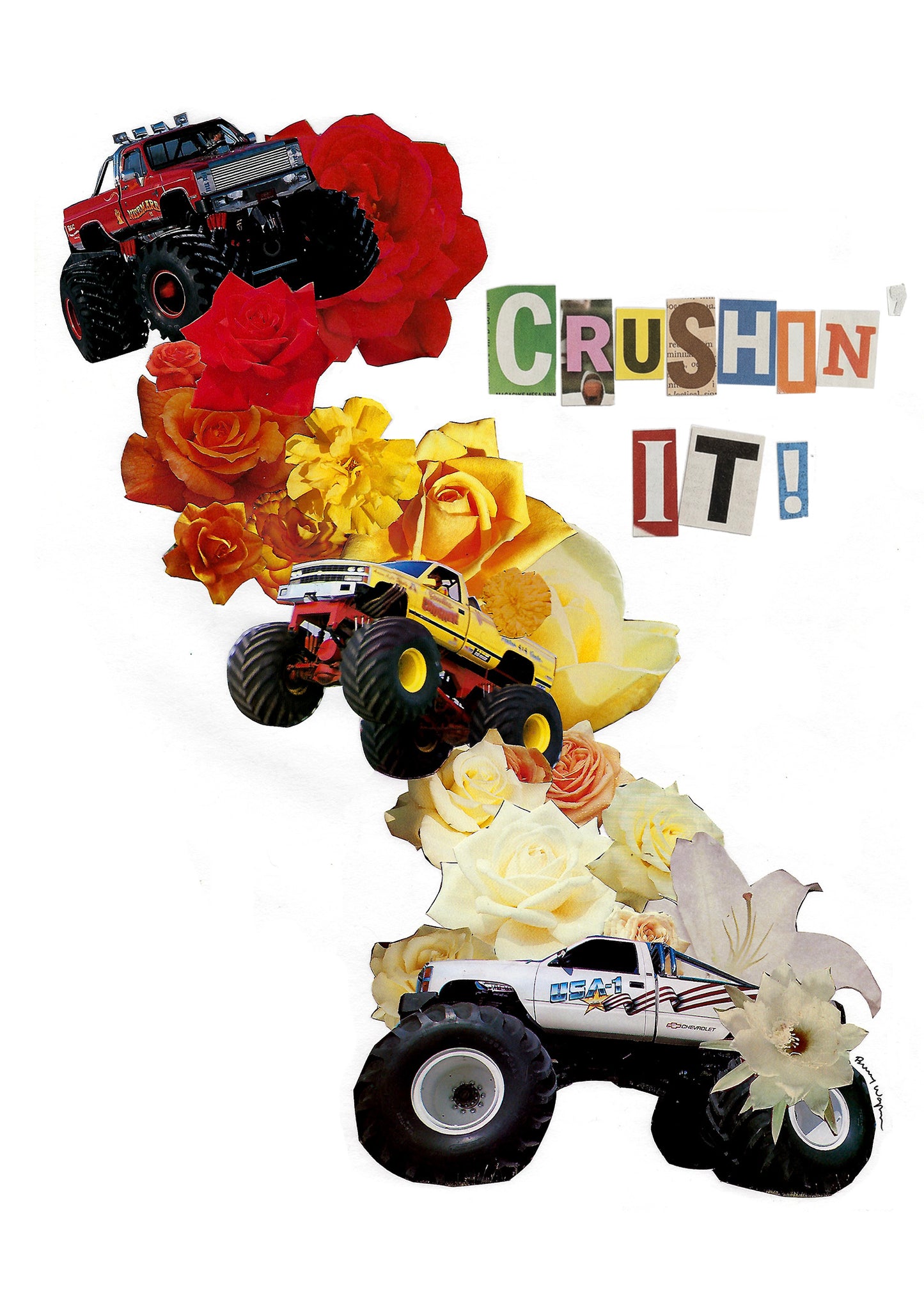 A collage-style graphic on a white background featuring three monster truck vehicles layered over red, yellow, cream, and white roses, with the words 'CRUSH IT!' in cutout letters.