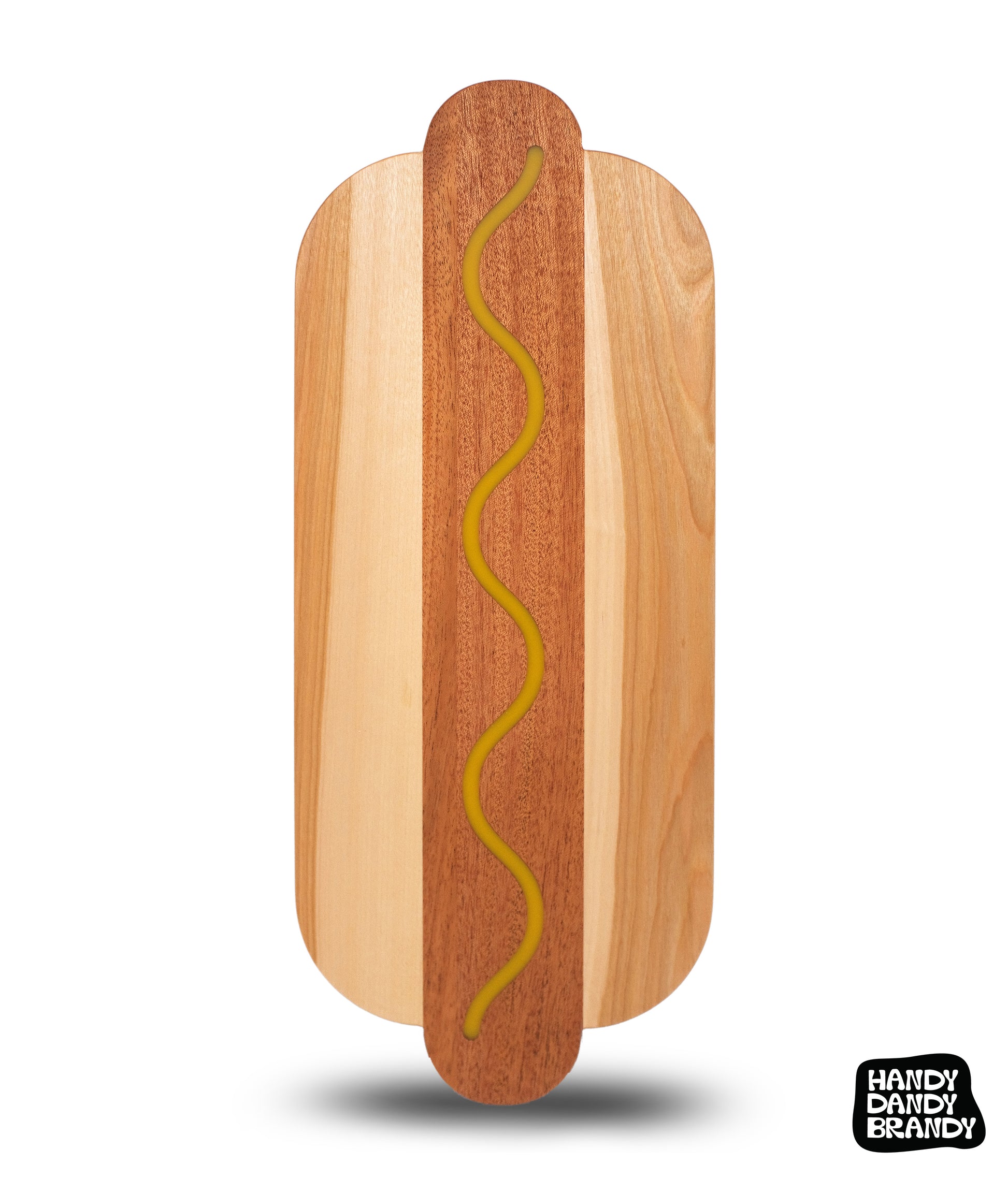 hot dog shaped cutting board made of mahogany and birch