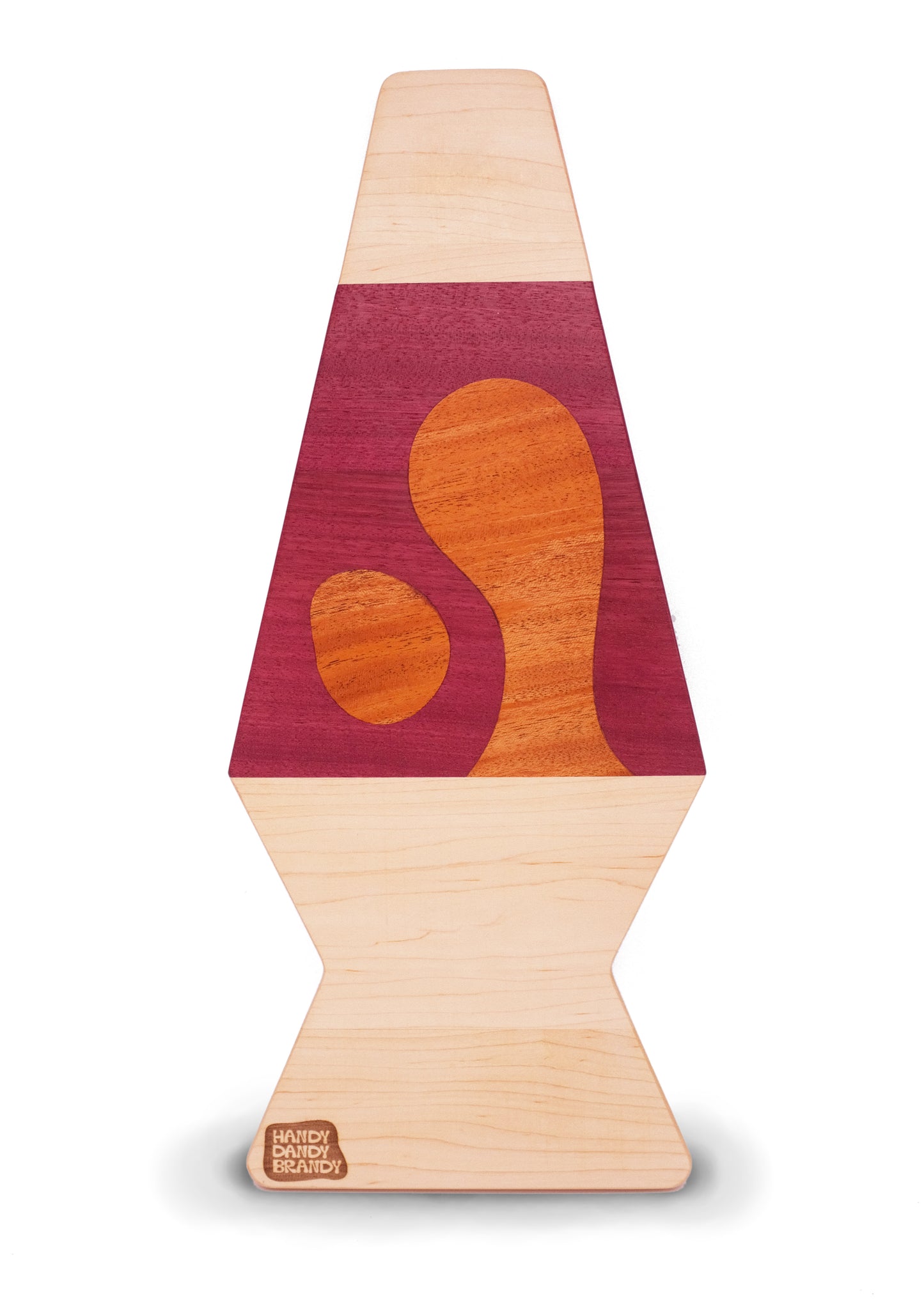 lava lamp shaped cutting board made of purpleheart, maple and mahogany