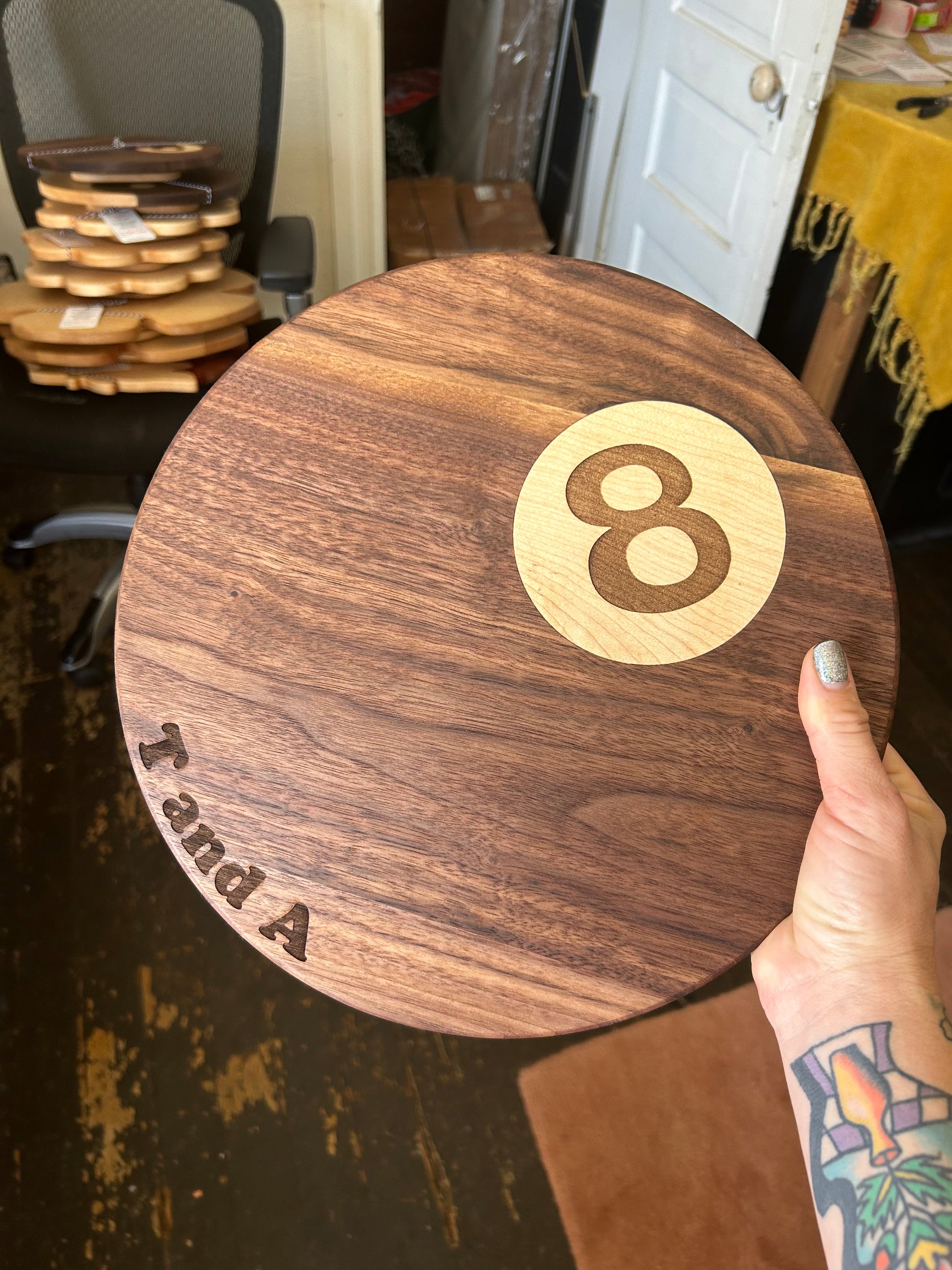 8 ball charcuterie board made of walnut